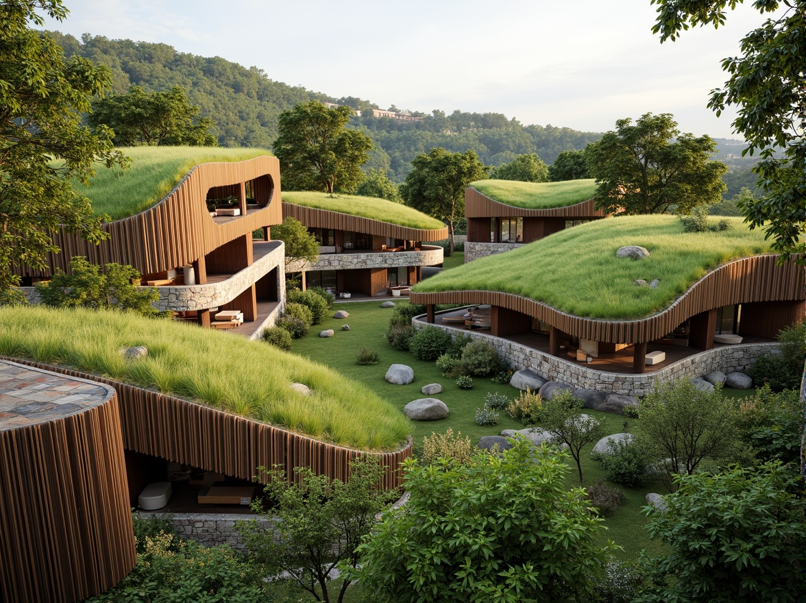 Prompt: Vibrant green roofs, lush vegetation, natural stone walls, reclaimed wood accents, earthy tone buildings, sustainable design, eco-friendly materials, organic shapes, curved lines, minimal ornamentation, soft warm lighting, shallow depth of field, 3/4 composition, panoramic view, realistic textures, ambient occlusion.