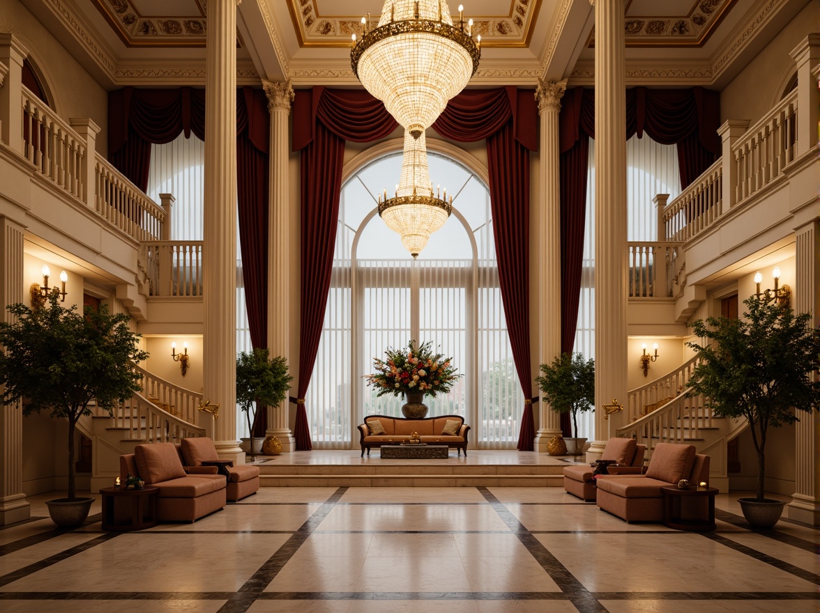 Prompt: Grand hotel entrance, neoclassical columns, ornate carvings, polished marble floors, crystal chandeliers, sweeping staircases, luxurious furnishings, velvet drapes, gold accents, intricate moldings, symmetrical composition, warm soft lighting, shallow depth of field, 1/1 aspect ratio, realistic textures, ambient occlusion.