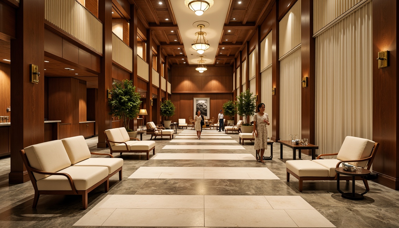 Prompt: Luxurious hotel lobby, rich wood accents, warm beige tones, soft cream hues, velvety upholstery, metallic gold fixtures, elegant chandeliers, natural stone flooring, ambient warm lighting, shallow depth of field, 3/4 composition, panoramic view, realistic textures, inviting atmosphere.