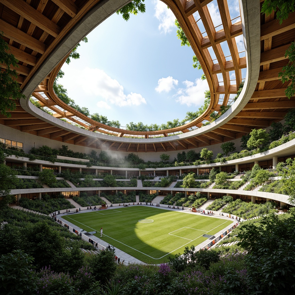 Prompt: Organic stadium design, undulating curves, natural stone fa\u00e7ade, lush green roofs, living walls, botanical gardens, wooden accents, earthy tones, curved lines, fluid shapes, dynamic lighting, warm ambiance, atmospheric misting systems, 1/1 composition, shallow depth of field, realistic textures, ambient occlusion, vibrant floral patterns, intricate leaf-inspired motifs.