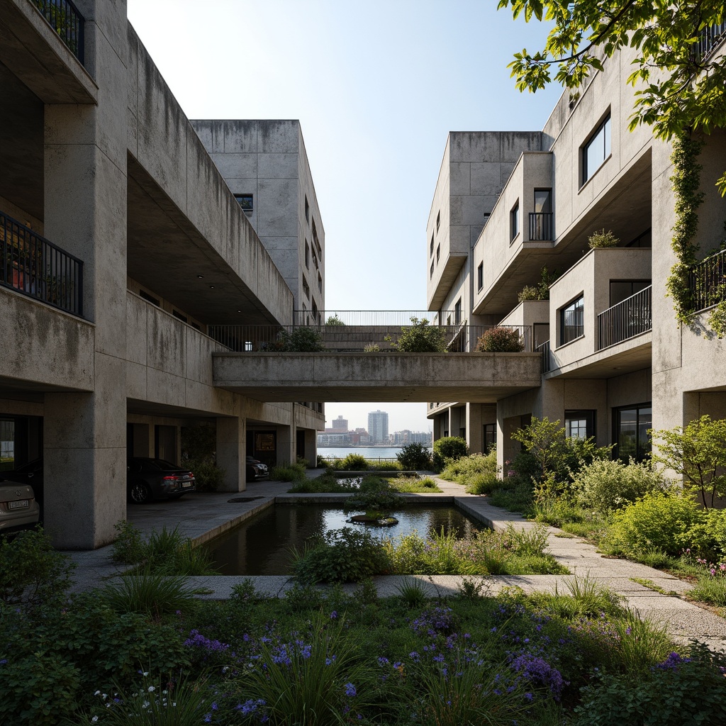 Prompt: Rugged brutalist buildings, raw concrete textures, fortress-like structures, overgrown vegetation, wildflowers, moss-covered walls, weathered steel beams, industrial materials, urban landscape integration, cityscape views, elevated walkways, cantilevered sections, dramatic shadows, harsh natural light, 1/1 composition, symmetrical framing, high-contrast colors, gritty realistic textures, ambient occlusion.