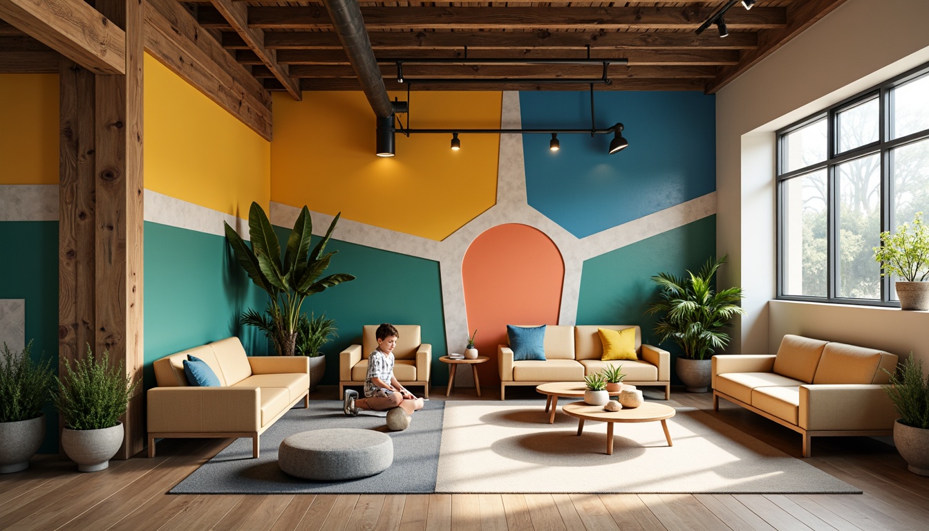 Prompt: Vibrant student lounge, bold accent walls, warm beige furniture, rich wood tones, calming blue-green hues, natural textiles, industrial metal accents, modern minimalist decor, cozy reading nooks, comfortable seating areas, abundant natural light, soft warm lighting, 1/1 composition, realistic textures, ambient occlusion.