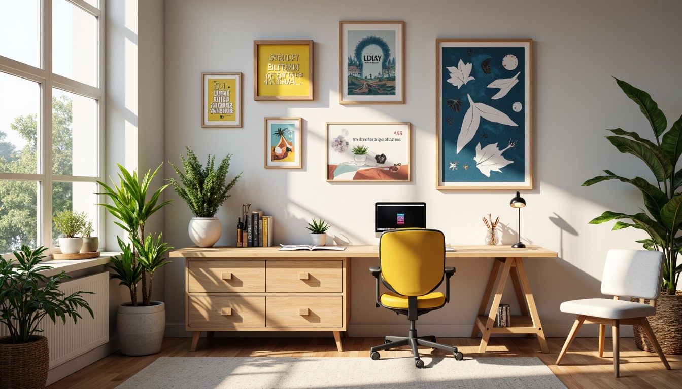 Prompt: Vibrant design studio, modern minimalist interior, sleek wooden desk, ergonomic chair, creative workflow, inspirational quotes, colorful artwork, natural light pouring in, soft warm glow, pastel color scheme, creamy whites, rich blues, earthy tones, bold accents, 3/4 composition, shallow depth of field, realistic textures, ambient occlusion.