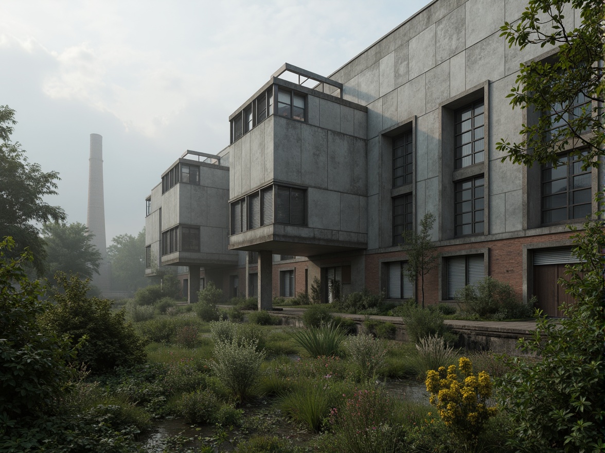 Prompt: Rugged brutalist architecture, raw concrete textures, fortress-like structures, overgrown vegetation, wildflowers, moss-covered walls, industrial landscapes, abandoned factories, crumbling brick facades, distressed metal accents, urban decay, post-apocalyptic atmosphere, dramatic lighting, low-angle shots, cinematic composition, gritty realistic renderings, atmospheric fog effects, misty mornings, eerie silence.