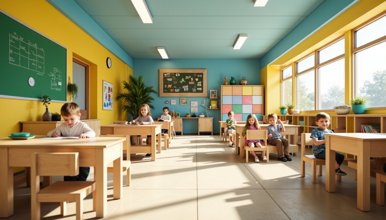 Prompt: Vibrant elementary school, playful kindergarten, bright yellow walls, sky blue accents, green chalkboard, wooden desks, colorful lockers, educational posters, natural light, open classrooms, modern furniture, ergonomic chairs, collaborative learning spaces, interactive whiteboards, stimulating color scheme, warm beige floors, soft pastel shades, calming atmosphere, shallow depth of field, 1/1 composition, realistic textures, ambient occlusion.