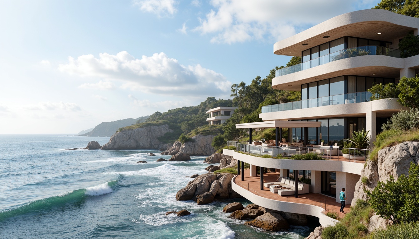 Prompt: Wave-crashing coastline, salty sea air, rugged cliffside, modern coastal architecture, undulating fa\u00e7ades, wavy balconies, ocean-inspired railings, driftwood accents, weathered wooden planks, beachy color palette, soft blue hues, creamy whites, coral pinks, large windows, sliding glass doors, natural ventilation systems, solar panels, green roofs, eco-friendly materials, cantilevered structures, dramatic overhangs, 3/4 composition, panoramic view, realistic textures, ambient occlusion.