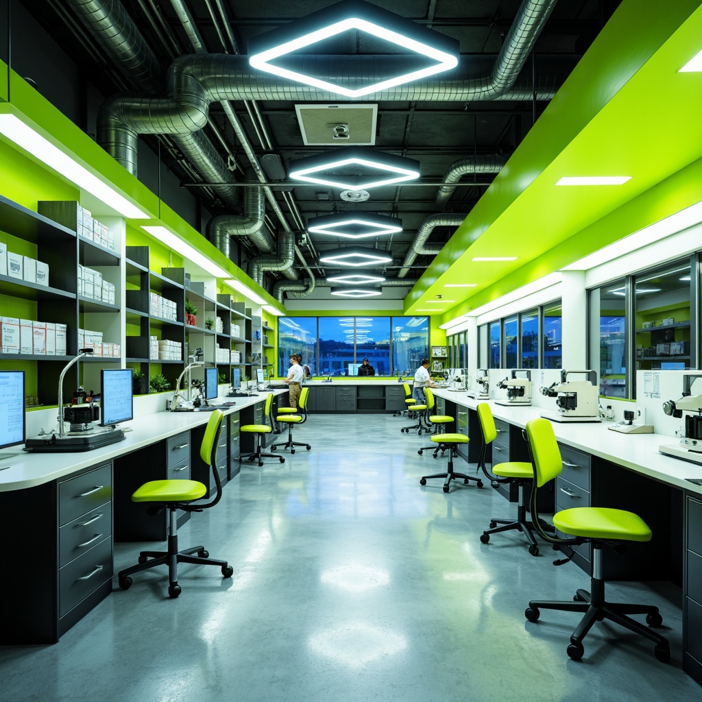 Prompt: Vibrant laboratory interior, bold color scheme, neon green accents, sleek metal equipment, futuristic workstations, ergonomic chairs, minimalist shelving units, industrial-style lighting fixtures, polished concrete floors, modular wall systems, adaptable experimental spaces, dynamic ceiling installations, LED strip lights, high-contrast visual displays, sterile white surfaces, safety glass partitions, precision instruments, advanced microscopy tools, collaborative research environments, natural light infusion, softbox diffused lighting, 1/1 composition, shallow depth of field.