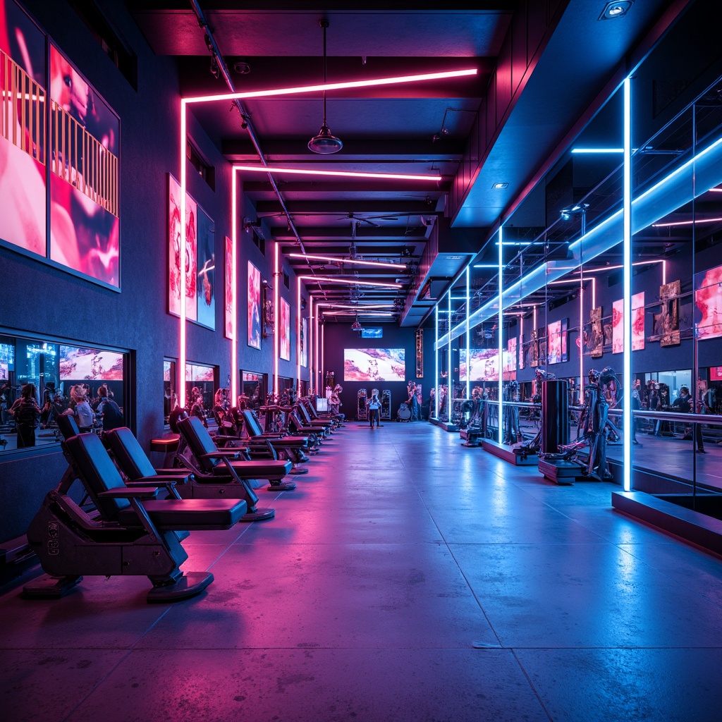 Prompt: Neon-lit futuristic fitness club, metallic surfaces, glossy chrome accents, LED light strips, holographic displays, sleek glass walls, minimalist interior design, high-tech exercise equipment, virtual reality training zones, mirrored ceilings, polished concrete floors, neon-colored athletic tracks, ambient electronic music, dynamic lighting effects, shallow depth of field, 1/1 composition, cinematic camera angles, realistic reflections, advanced material textures.