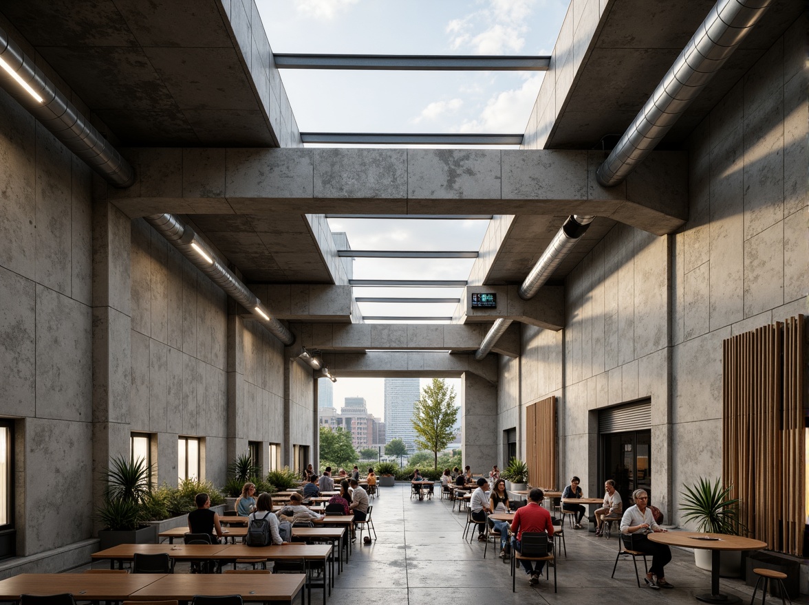 Prompt: Rugged community center, brutalist architecture, raw concrete walls, exposed ductwork, industrial metal beams, natural light pouring in, large skylights, clerestory windows, urban landscape views, gritty cityscape, overcast sky, soft diffused lighting, high contrast shadows, dramatic architectural angles, bold structural elements, minimalist interior design, functional simplicity, communal gathering spaces, reclaimed wood accents, earthy color palette, organic textures, 3/4 composition, cinematic framing, realistic render.