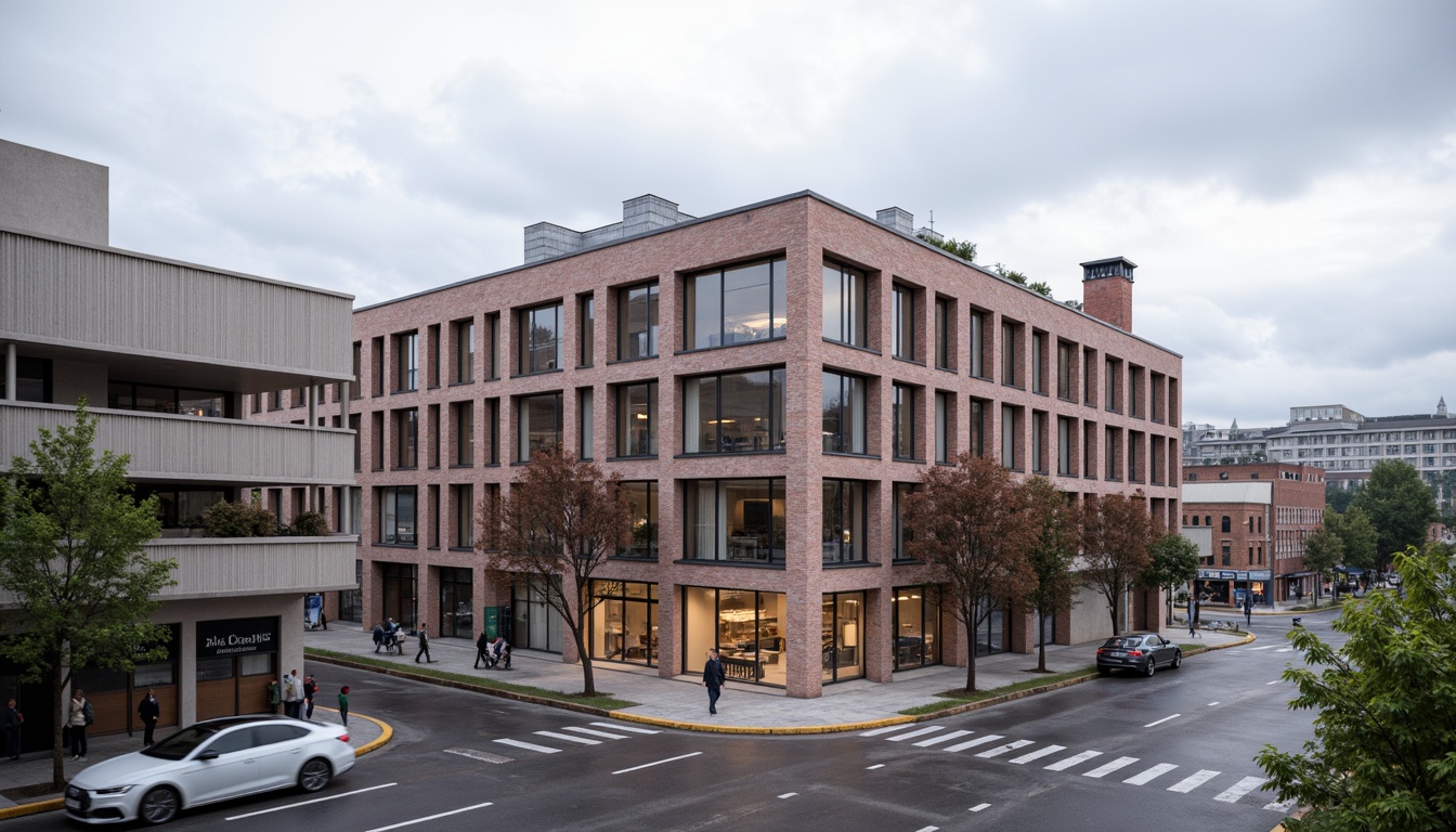 Prompt: Industrial factory building, exposed brick facade, steel frame structure, large windows, metal cladding, corrugated roofs, functional minimalism, brutalist architecture, urban landscape, busy streets, modern cityscape, cloudy sky, soft diffused lighting, shallow depth of field, 2/3 composition, realistic textures, ambient occlusion.