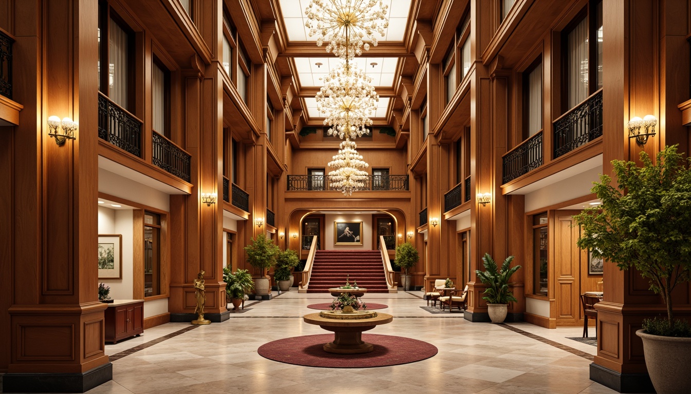 Prompt: Grand hotel lobby, high ceilings, ornate chandeliers, marble floors, Corinthian columns, intricate moldings, gilded details, luxurious furnishings, velvet drapes, crystal sconces, rich wood paneling, elegant staircases, spacious ballrooms, lavish amenities, warm golden lighting, shallow depth of field, 1/1 composition, symmetrical framing, realistic textures, ambient occlusion.