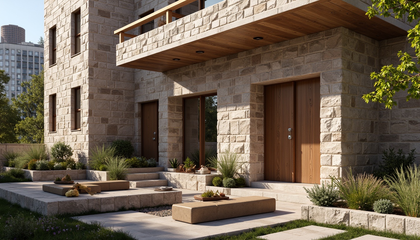 Prompt: Rough stone walls, rustic brick facades, wooden accents, natural wood grain, earthy tones, organic forms, irregular shapes, tactile experiences, 3D modeling, realistic renderings, ambient occlusion, soft warm lighting, shallow depth of field, 2/3 composition, modern architecture, sustainable design, eco-friendly materials, green roofs, living walls, urban landscapes, city skylines, industrial heritage, converted warehouses.