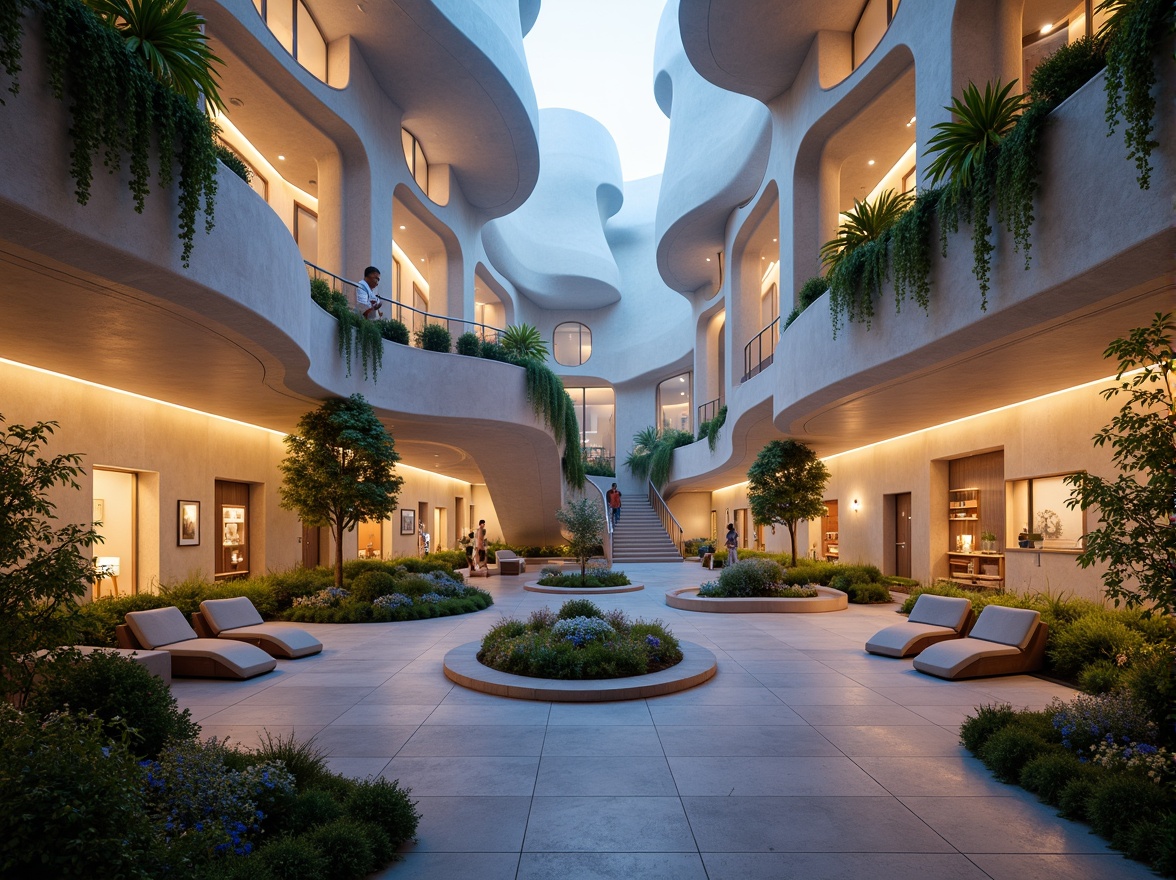 Prompt: Organic blob-shaped buildings, futuristic architecture, iridescent colors, glowing accents, undulating walls, fluid-like furniture, soft pulsing lighting, misty atmosphere, lush greenery, hanging plants, natural stone floors, polished metal surfaces, minimalist decor, cozy reading nooks, curved staircases, panoramic windows, 1/1 composition, shallow depth of field, warm color palette, ambient occlusion.