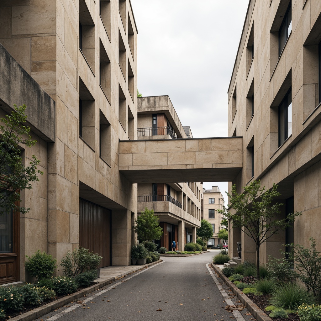 Prompt: Gainsboro-inspired brutalist architecture, rugged concrete textures, weathered stone walls, industrial metal accents, muted earthy tones, beige stucco facades, raw exposed ductwork, minimalist ornamentation, functional simplicity, urban cityscape, overcast skies, dramatic shadows, high-contrast lighting, 1/1 composition, symmetrical framing, gritty realistic renderings.