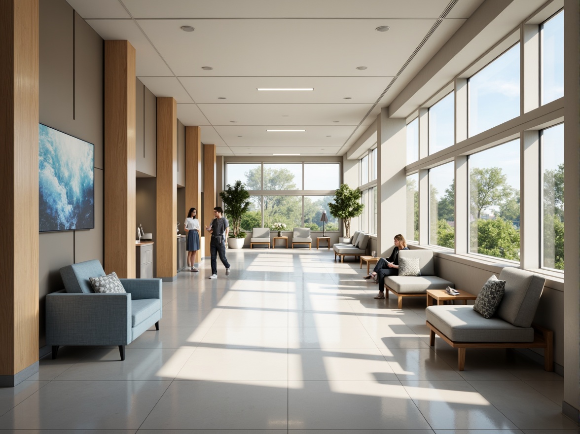 Prompt: Sleek hospital corridors, polished floors, minimalist decor, calming color schemes, natural light, floor-to-ceiling windows, modern medical equipment, stainless steel surfaces, ergonomic furniture, comfortable waiting areas, soothing artwork, subtle textures, ambient lighting, shallow depth of field, 1/1 composition, realistic renderings, soft focus, warm color tones, peaceful atmosphere.