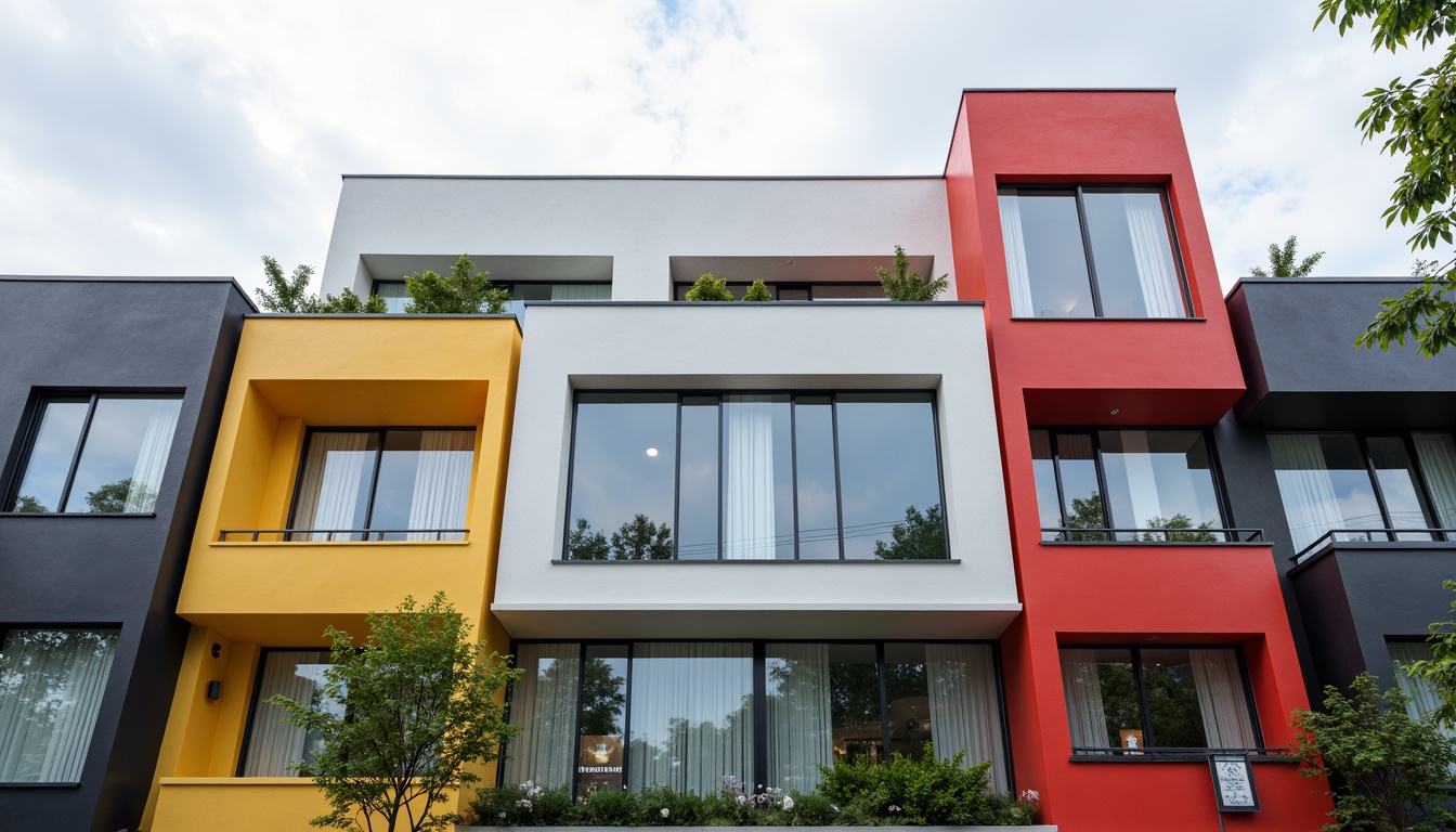 Prompt: Geometric building facade, rectangular forms, primary color scheme, industrial materials, steel frames, glass windows, minimalist ornamentation, functional simplicity, clean lines, right angles, asymmetrical composition, urban cityscape, cloudy sky, soft diffused lighting, shallow depth of field, 2/3 composition, realistic textures, ambient occlusion.