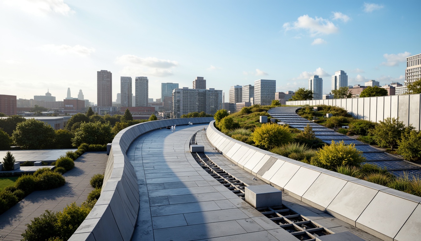 Prompt: Futuristic roofscape, curved lines, sleek metal cladding, solar panels, green roofs, eco-friendly materials, innovative drainage systems, minimalist design, angular shapes, modern architecture, urban landscape, city skyline, clear blue sky, sunny day, soft warm lighting, shallow depth of field, 3/4 composition, panoramic view, realistic textures, ambient occlusion.