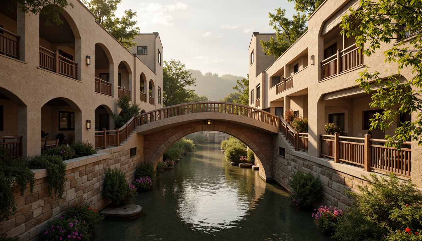 Prompt: Rustic stone bridges, ornate balustrades, weathered wooden railings, warm beige stonework, earthy red brick arches, moss-covered piers, soft golden lighting, misty atmospheric effects, serene river waters, lush greenery, vibrant floral arrangements, intricate carvings, classical architectural details, subtle texture overlays, realistic stone normal maps, cinematic camera angles, 1/2 composition, warm color grading.