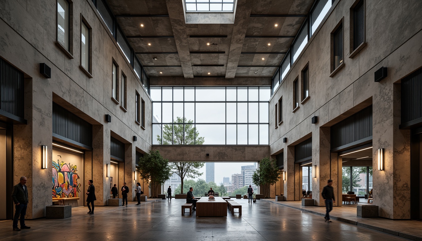 Prompt: Rugged community center, brutalist architecture, raw concrete walls, exposed ductwork, industrial metal beams, natural light pouring in, large skylights, clerestory windows, urban landscape views, gritty cityscape, overcast sky, soft diffused lighting, high contrast shadows, dramatic architectural forms, bold geometric shapes, functional minimalism, communal gathering spaces, reclaimed wood accents, weathered steel features, abstract graffiti art, moody atmospheric tones, cinematic composition, realistic textures, ambient occlusion.