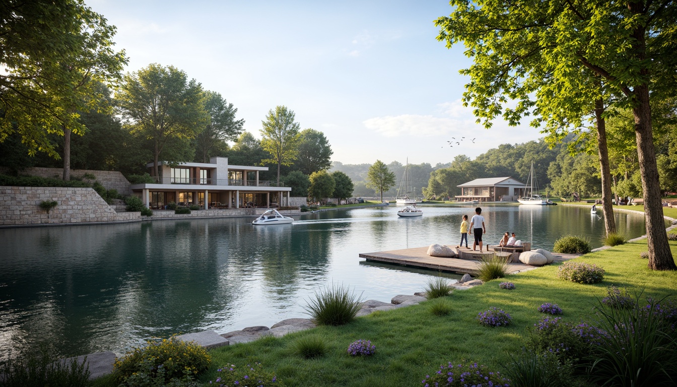 Prompt: Serene lakefront scenery, lush greenery, tranquil water reflections, wooden docks, sailboats, seagulls, rustic stone walls, modern minimalist architecture, large windows, sliding glass doors, natural wood accents, warm cozy lighting, shallow depth of field, 3/4 composition, panoramic view, realistic textures, ambient occlusion.