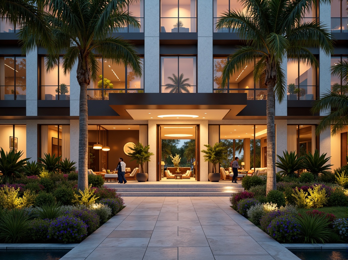 Prompt: Luxurious hotel facade, grand entrance, ornate details, warm golden lighting, inviting porte-cochere, elegant columns, sophisticated stone cladding, large glass windows, sliding doors, lavish landscaping, tropical plants, vibrant flowers, serene water features, modern minimalist design, sleek metal accents, ambient outdoor lighting, shallow depth of field, 1/1 composition, realistic textures, soft focus effect.