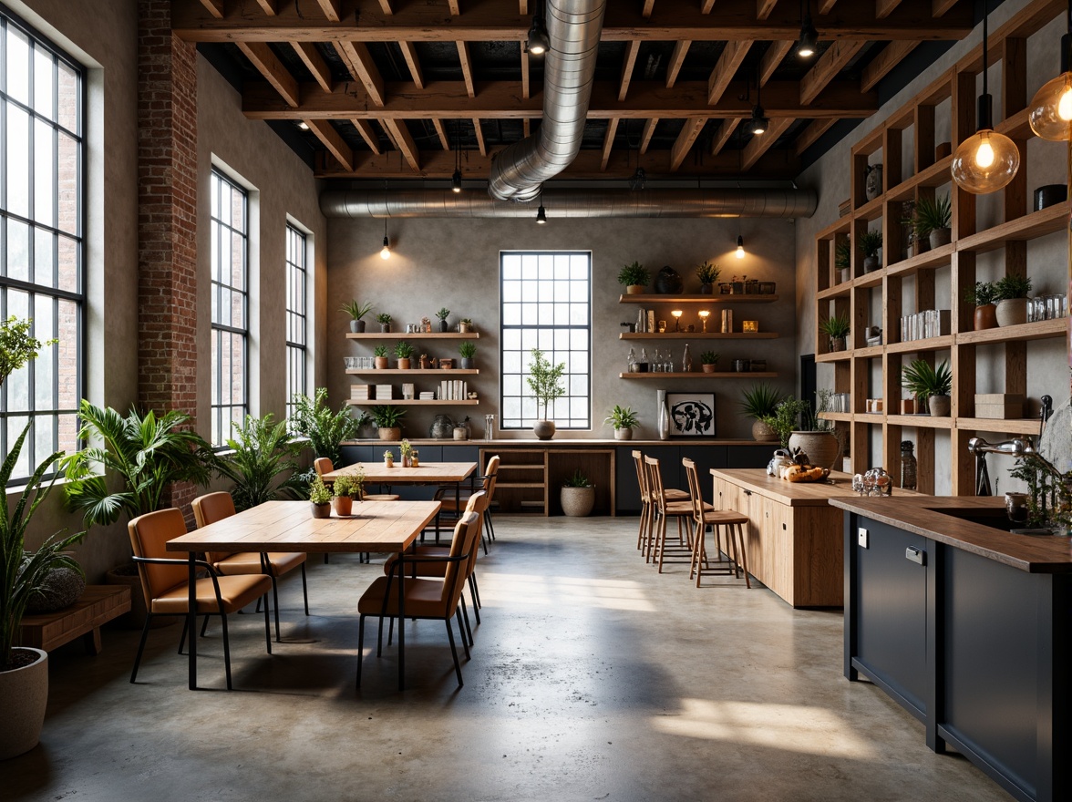 Prompt: Industrial chic interior, exposed ductwork, polished concrete floors, minimalist decor, functional shelving units, sleek metal accents, reclaimed wood furniture, Edison bulb lighting, urban loft atmosphere, natural textiles, earthy color palette, soft warm glow, shallow depth of field, 1/1 composition, realistic materials, ambient occlusion.