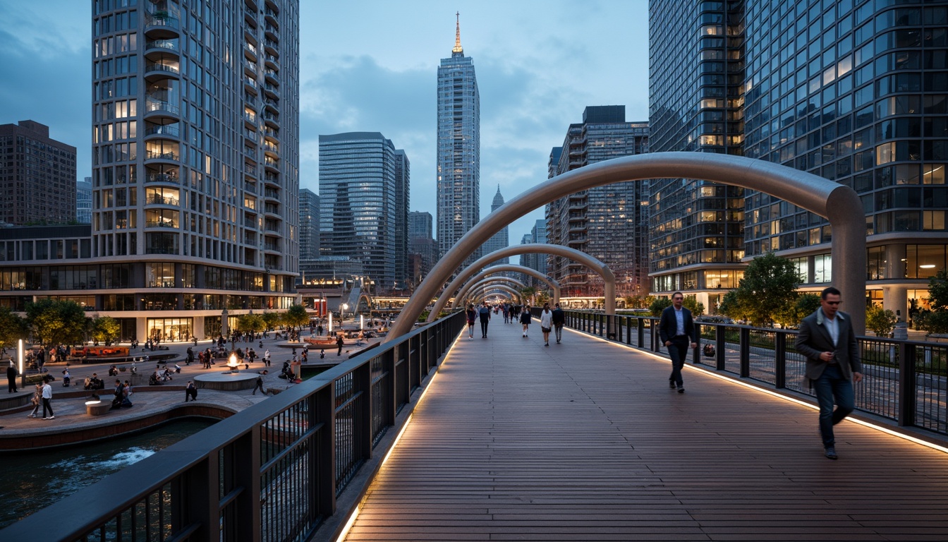 Prompt: Curved pedestrian bridge, sleek metal railings, wooden decking, modern urban landscape, city skyline, vibrant streetlights, bustling streets, dynamic structural elements, cantilevered sections, suspension cables, geometric shapes, minimalist design, functional lighting, safety features, accessible ramps, staircases, observation decks, panoramic views, realistic textures, ambient occlusion, shallow depth of field, 3/4 composition.