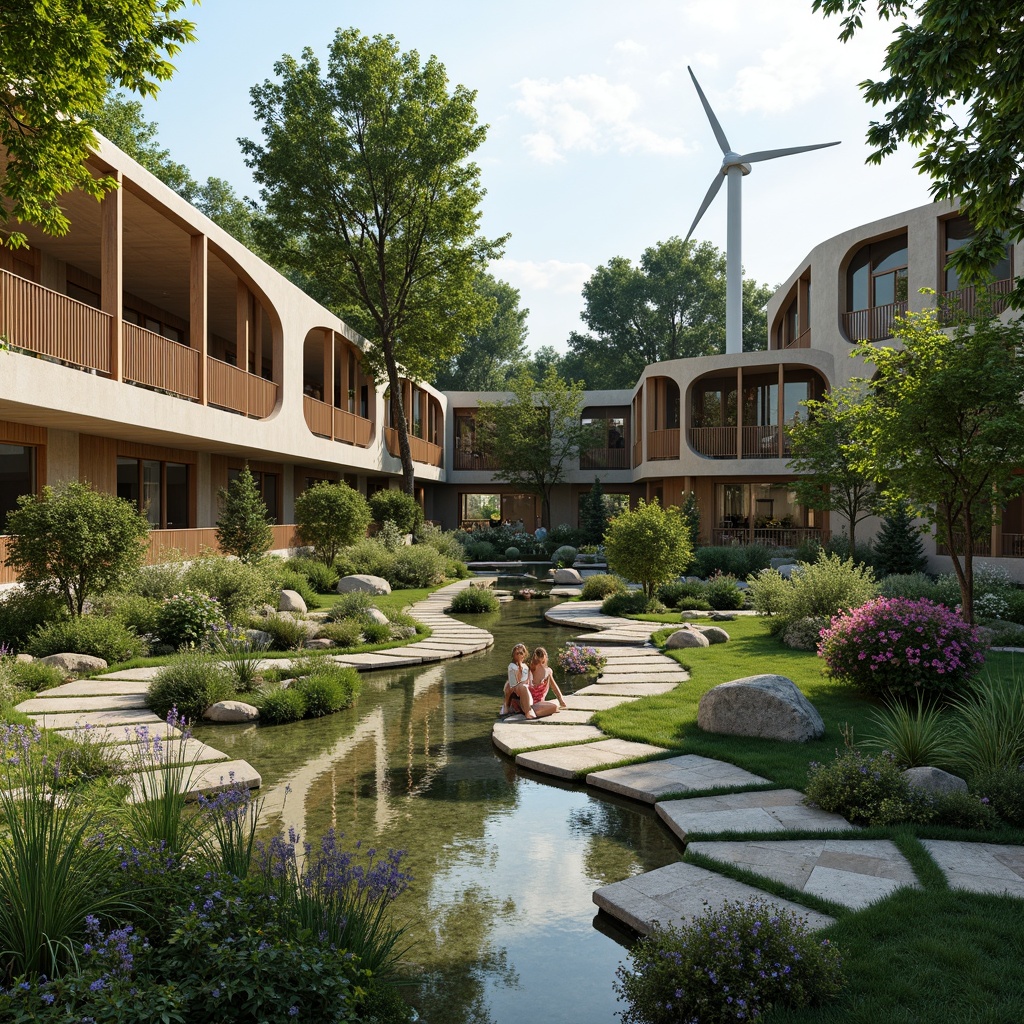 Prompt: Harmonious landscape integration, lush green roofs, verdant walls, natural stone pathways, meandering water features, serene ponds, vibrant flowerbeds, native plant species, organic architecture, curved lines, earthy tones, sustainable design, eco-friendly materials, energy-efficient systems, solar panels, wind turbines, rainwater harvesting, shaded outdoor spaces, misting systems, panoramic views, 3/4 composition, realistic textures, ambient occlusion.