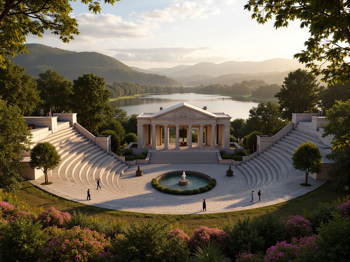 Prompt: Grandiose neoclassical amphitheater, symmetrical architecture, ornate columns, carved stone details, lush greenery, vibrant flowers, rolling hills, serene lake, misty morning, warm golden lighting, shallow depth of field, 3/4 composition, panoramic view, realistic textures, ambient occlusion, natural stone seating, elegant staircases, grand entrance gates, majestic fountains, ornamental statues, harmonious water features, surrounding forest, tranquil atmosphere.