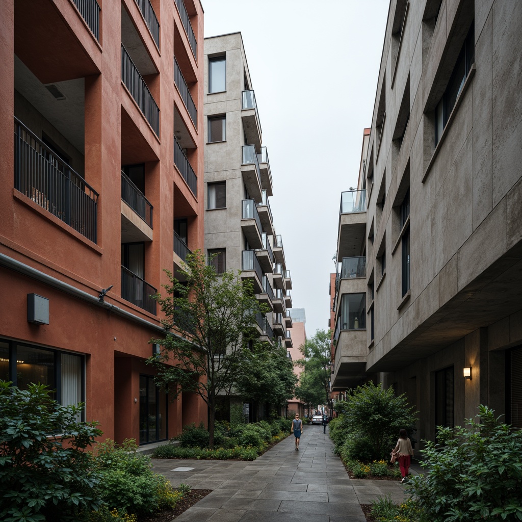 Prompt: Rugged concrete buildings, brutalist architecture, raw industrial textures, exposed ductwork, bold color blocks, earthy tones, weathered steel accents, distressed wood elements, urban campus setting, dense foliage surroundings, misty morning atmosphere, softbox lighting, 1/2 composition, cinematic depth of field, realistic material rendering.