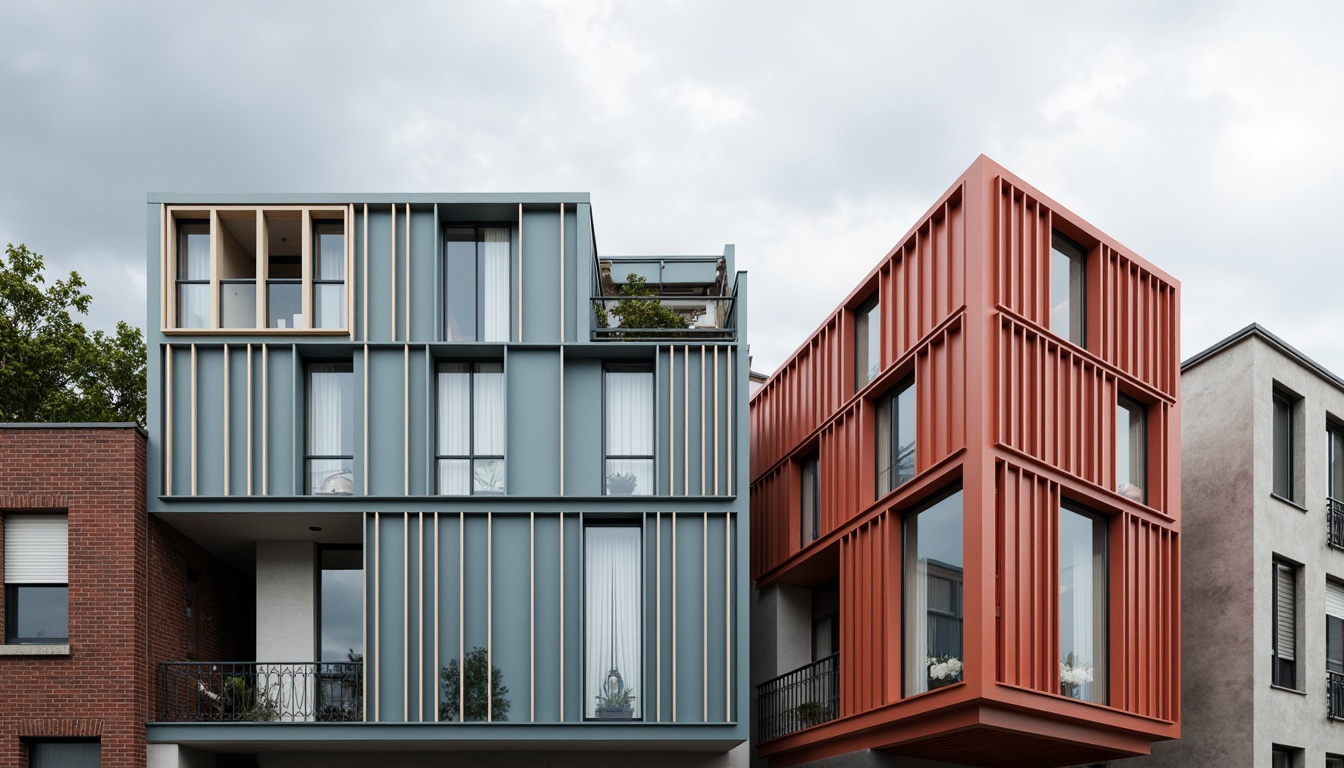 Prompt: Geometric building facade, rectangular forms, primary color scheme, industrial materials, steel frames, glass windows, minimalist ornamentation, functional simplicity, clean lines, right angles, asymmetrical composition, urban cityscape, cloudy sky, soft diffused lighting, shallow depth of field, 2/3 composition, realistic textures, ambient occlusion.