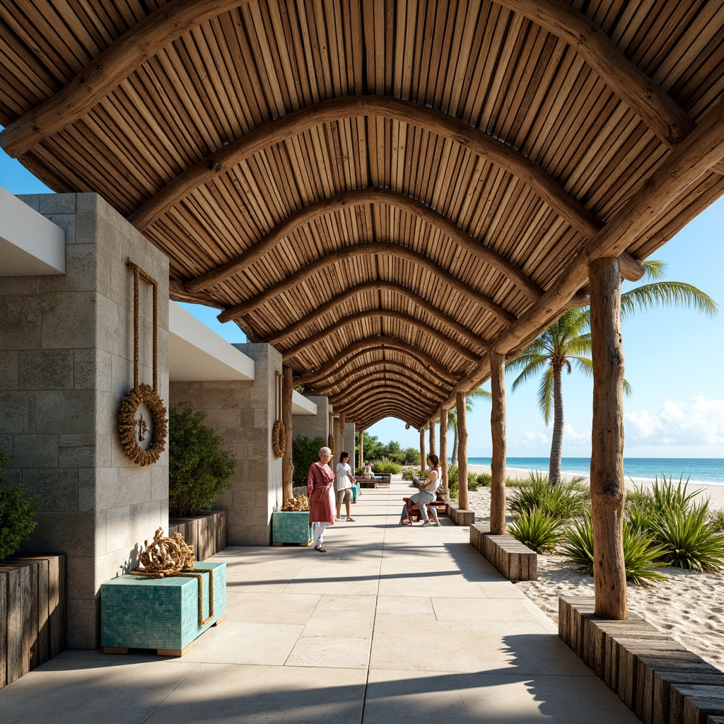 Prompt: Beachside pavilion, curved wooden beams, natural stone columns, driftwood accents, nautical rope details, ocean-inspired sculptures, sandy walkways, tropical plants, palm trees, coastal breeze, warm sunlight, soft shadows, 1/1 composition, symmetrical architecture, minimalist design, weathered wood textures, rustic metal fixtures, seashell patterns, turquoise glass tiles, beachy color palette, relaxed atmosphere, serene ambiance.