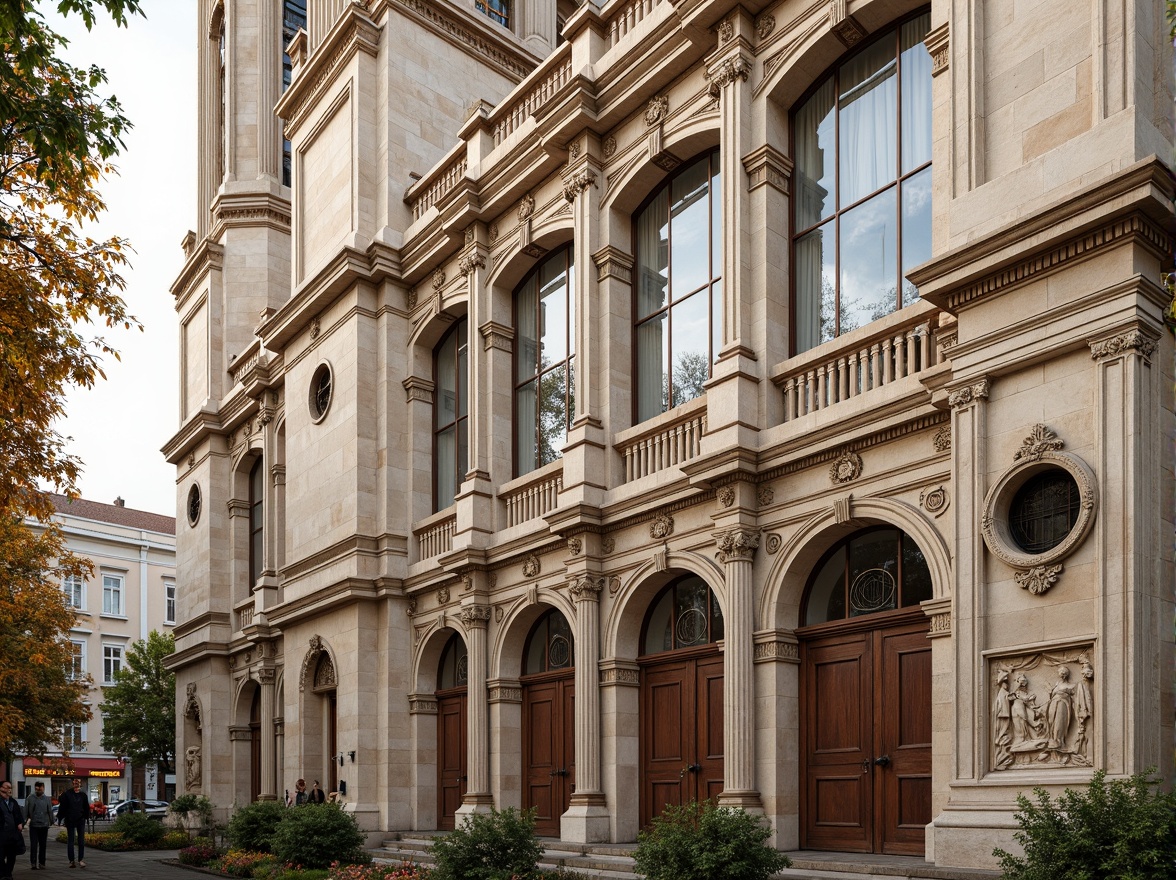 Prompt: Grandiose church facade, ornate stone carvings, symmetrical composition, soaring bell towers, intricate stained glass windows, majestic entrance archways, rusticated quoins, Corinthian columns, decorative pilasters, ornamental pediments, subtle weathered stone textures, warm golden lighting, soft focus, shallow depth of field, 2/3 composition, realistic architectural details, ambient occlusion.