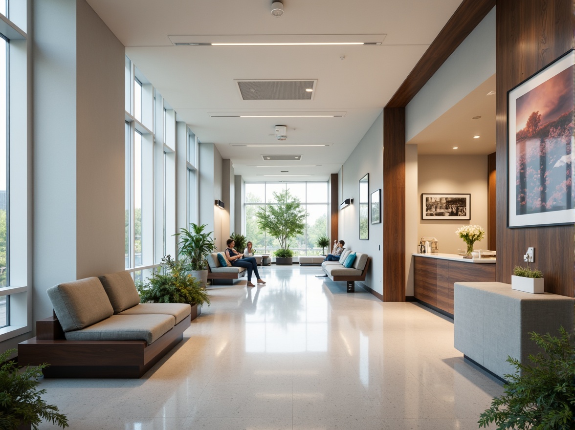 Prompt: Sleek hospital corridors, polished floors, minimalist decor, calming color schemes, natural light, floor-to-ceiling windows, modern medical equipment, stainless steel surfaces, ergonomic furniture, comfortable waiting areas, soothing artwork, subtle textures, ambient lighting, shallow depth of field, 1/1 composition, realistic renderings, soft focus, warm color tones, peaceful atmosphere.