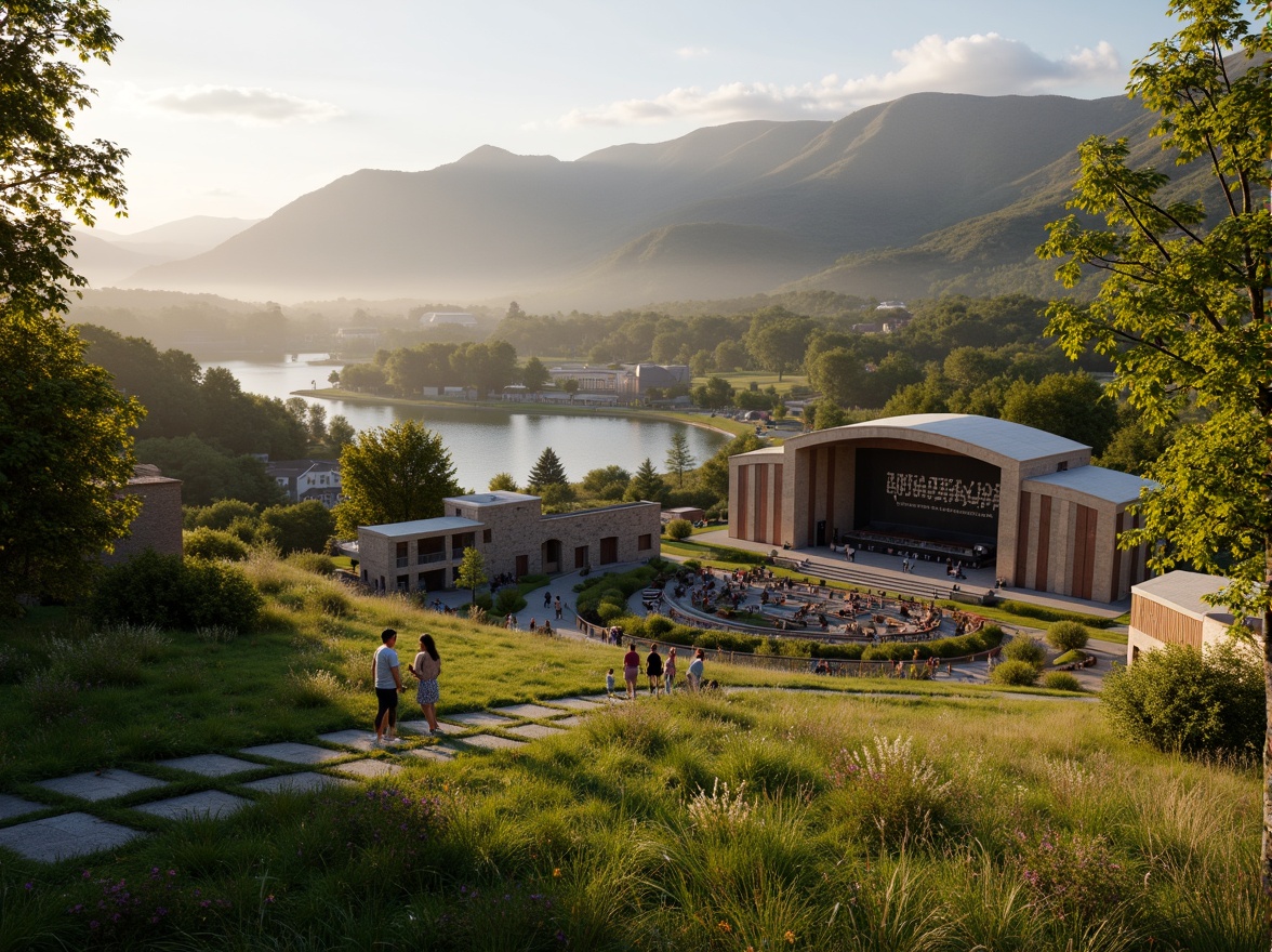 Prompt: Vibrant music venue, lush greenery, rolling hills, serene lake views, natural stone walls, reclaimed wood accents, earthy tones, outdoor amphitheater, grassy seating areas, scenic walking trails, misty morning atmosphere, warm golden lighting, shallow depth of field, 1/1 composition, panoramic view, realistic textures, ambient occlusion.