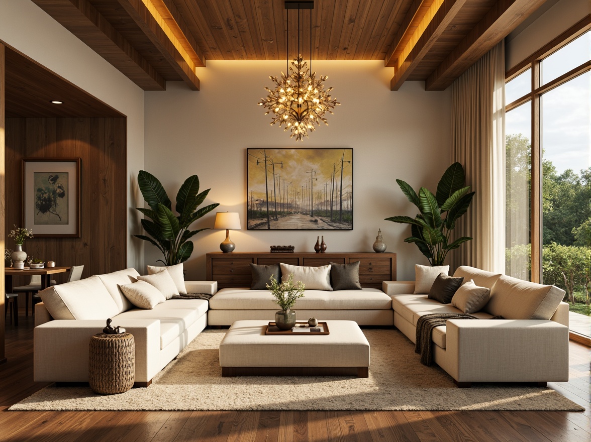 Prompt: Cozy living room, plush sofas, warm beige walls, rich wood flooring, soft golden lighting, comfortable throw pillows, modern minimalist decor, large windows, natural daylight, lush greenery views, elegant chandeliers, sophisticated color palette, calming atmosphere, shallow depth of field, 1/1 composition, realistic textures, ambient occlusion.