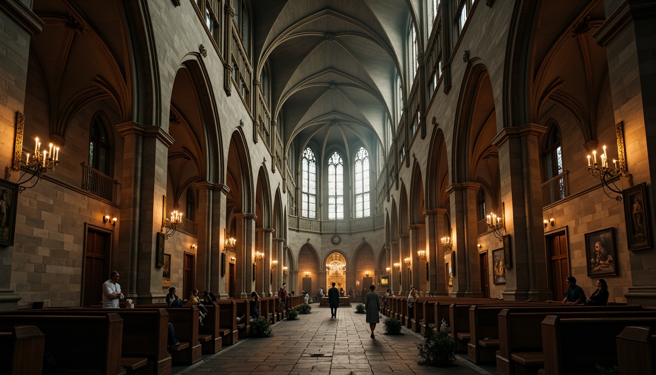 Prompt: Mysterious Gothic cathedral, khaki stone walls, ornate carvings, stained glass windows, grandiose vaulted ceilings, intricate archways, mystical ambiance, warm candlelight, eerie shadows, mysterious fog, misty atmosphere, dramatic lighting, 1/2 composition, low-angle shot, cinematic mood, rich textures, subtle grain.