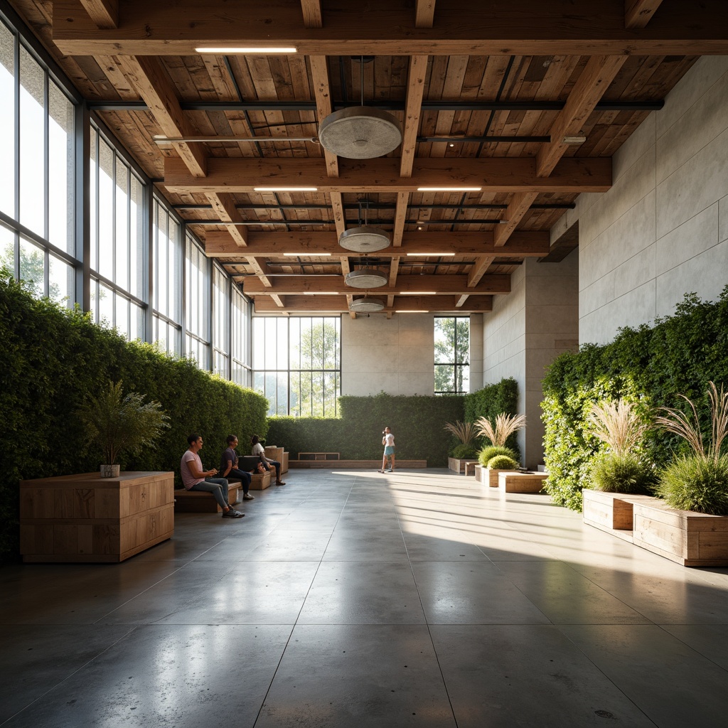 Prompt: Minimalist gymnasium interior, natural light pouring in, polished concrete floors, reclaimed wood accents, industrial metal beams, eco-friendly rubber flooring, energy-efficient LED lighting, recycled plastic benches, living green walls, air-purifying plants, calm atmosphere, soft warm glow, shallow depth of field, 1/1 composition, realistic textures, ambient occlusion.