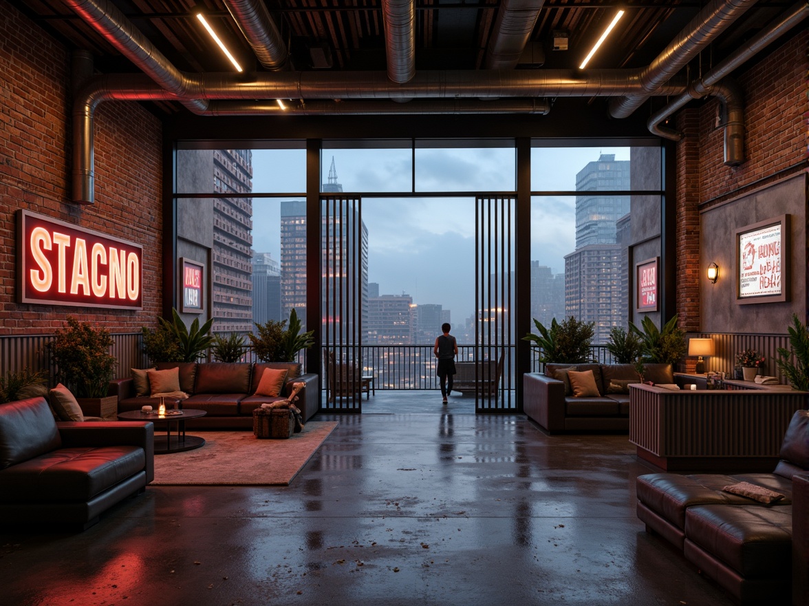 Prompt: Exposed brick walls, distressed concrete floors, metallic beams, industrial pipes, reclaimed wood accents, corrugated metal cladding, neon-lit signage, futuristic LED lighting, minimalist decor, urban cityscape views, foggy atmosphere, cinematic low-key lighting, shallow depth of field, 2/3 composition, realistic reflections, ambient occlusion.