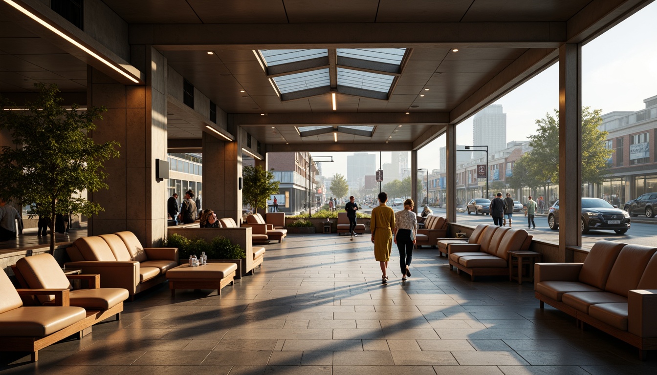 Prompt: Cozy bus station lounge, comfortable seating areas, soft cushioned chairs, wooden benches, warm lighting, natural stone flooring, modern architecture, large windows, glass roofs, urban cityscape, busy streets, morning commute, rush hour atmosphere, shallow depth of field, 1/1 composition, realistic textures, ambient occlusion.