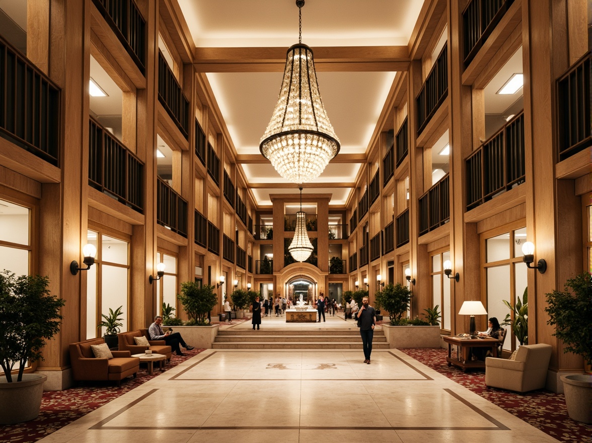 Prompt: Grand hotel lobby, high ceilings, ornate chandeliers, marble floors, symmetrical layout, classical columns, intricate moldings, luxurious furnishings, velvet drapes, golden accents, elegant staircases, spacious ballrooms, crystal chandeliers, refined wood paneling, sophisticated color palette, soft warm lighting, shallow depth of field, 1/1 composition, realistic textures, ambient occlusion.