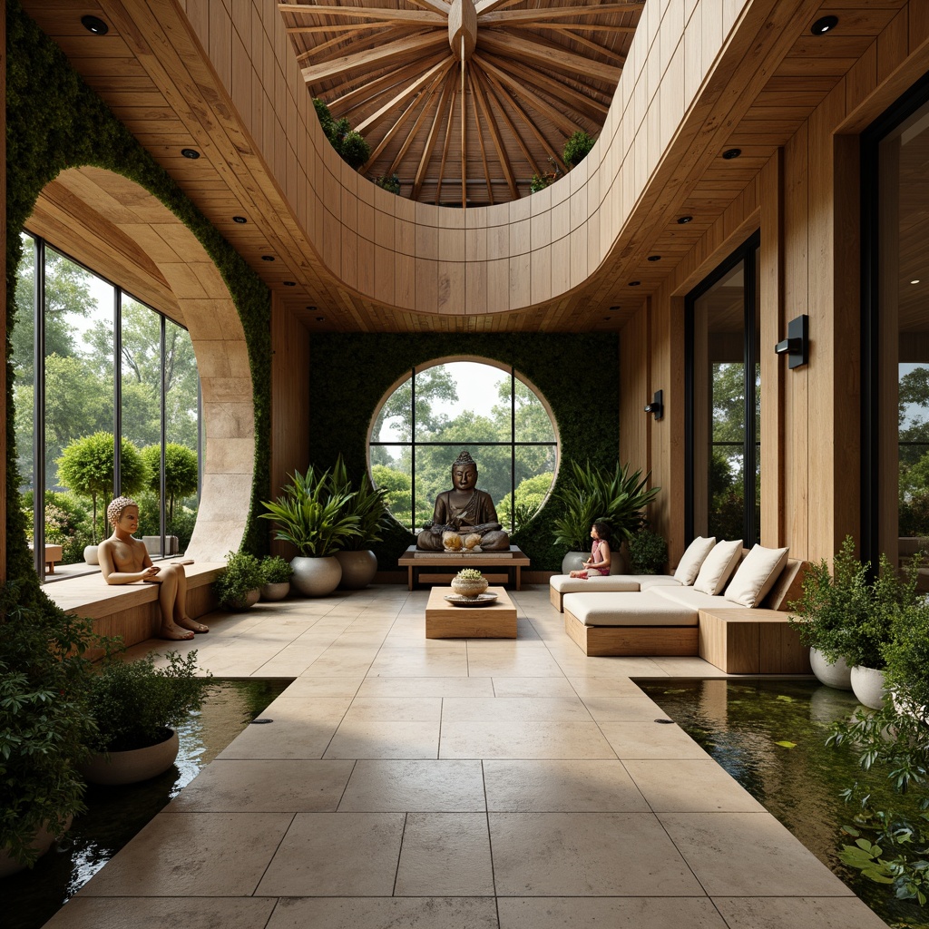 Prompt: Calming interior space, natural materials, reclaimed wood accents, soothing color palette, gentle curves, organic shapes, lush green walls, serene water features, peaceful Buddha statues, comfortable seating areas, plush cushions, warm lighting, soft shadows, 1/1 composition, intimate atmosphere, realistic textures, ambient occlusion.