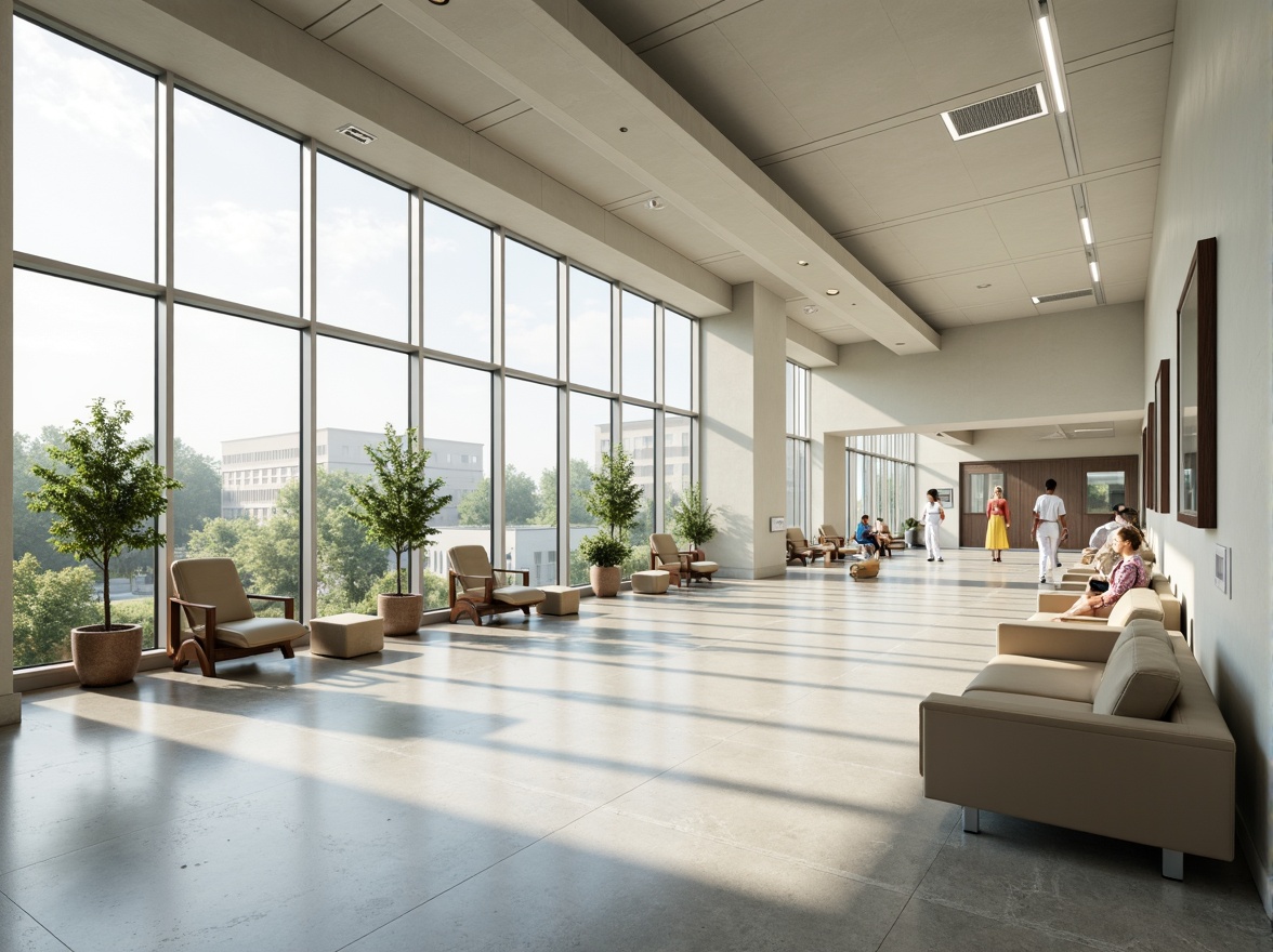 Prompt: Minimalist hospital interior, abundant natural light, floor-to-ceiling windows, sleek metal frames, polished concrete floors, calming white walls, sparse greenery, modern medical equipment, stainless steel surfaces, subtle ambient lighting, soft warm tones, shallow depth of field, 1/1 composition, realistic textures, ambient occlusion, serene atmosphere, peaceful waiting areas, comfortable patient rooms, efficient nurse stations, minimalist decor, natural stone accents, wooden furniture, gentle color palette.