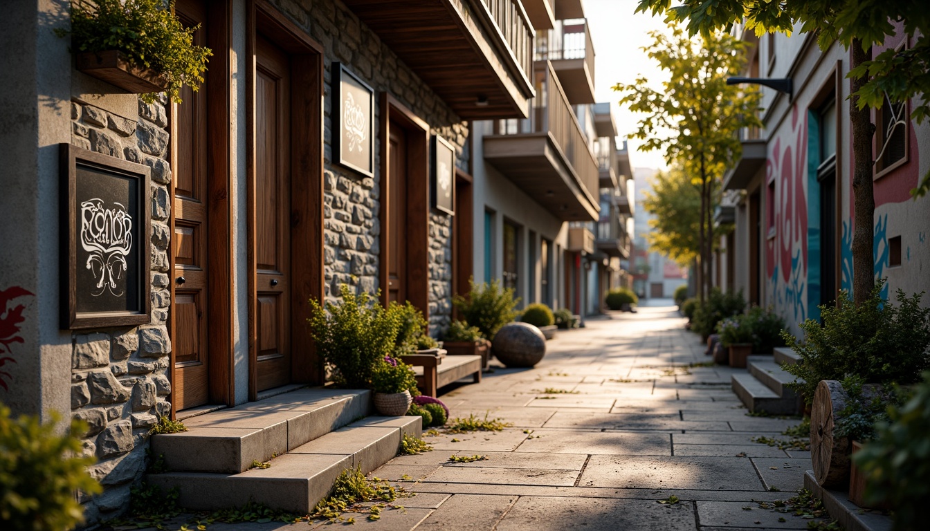 Prompt: Rustic wooden planks, distressed metal sheets, rough stone walls, vibrant graffiti murals, eclectic urban landscapes, gritty alleyways, worn brick facades, ornate architectural details, intricate mosaics, colorful street art, dynamic shadows, warm golden lighting, shallow depth of field, 1/2 composition, realistic textures, ambient occlusion.