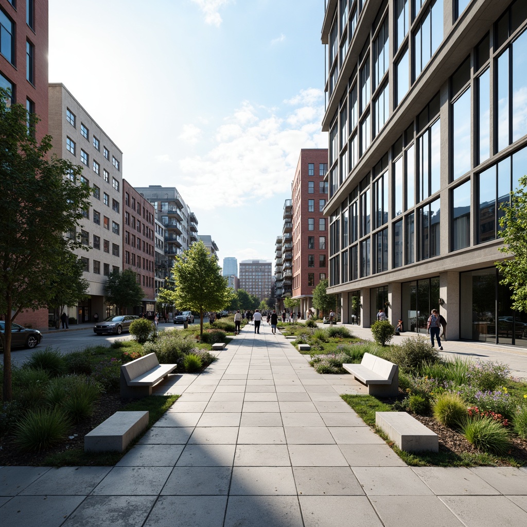 Prompt: Geometric gardens, asymmetrical planters, industrial metal benches, minimalist water features, modernist sculptures, abstract concrete pathways, functionalist building facades, rectangular windows, flat roofs, monochromatic color schemes, bold typography, urban cityscape, sunny day, high contrast lighting, shallow depth of field, 2/3 composition, symmetrical framing, realistic textures, ambient occlusion.