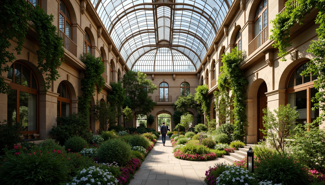 Prompt: Ornate greenhouse facade, lush greenery, elegant Victorian-era details, curved glass roofs, intricate metal frameworks, ornamental ironwork, soft natural light, warm earthy tones, rustic stone walls, climbing vines, blooming flowers, serene atmosphere, shallow depth of field, 1/1 composition, realistic textures, ambient occlusion.