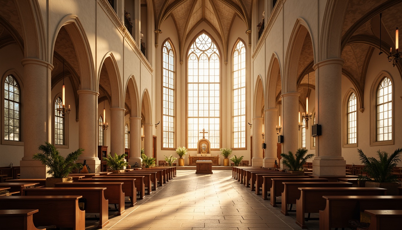 Prompt: Ethereal cathedral interior, soft warm glow, stained glass windows, ornate chandeliers, subtle LED lighting, minimalist pendant lamps, natural stone flooring, polished marble altars, intricate wooden carvings, vaulted ceilings, dramatic verticality, warm beige tones, gentle ambient illumination, 1/1 composition, shallow depth of field, realistic textures, ambient occlusion.