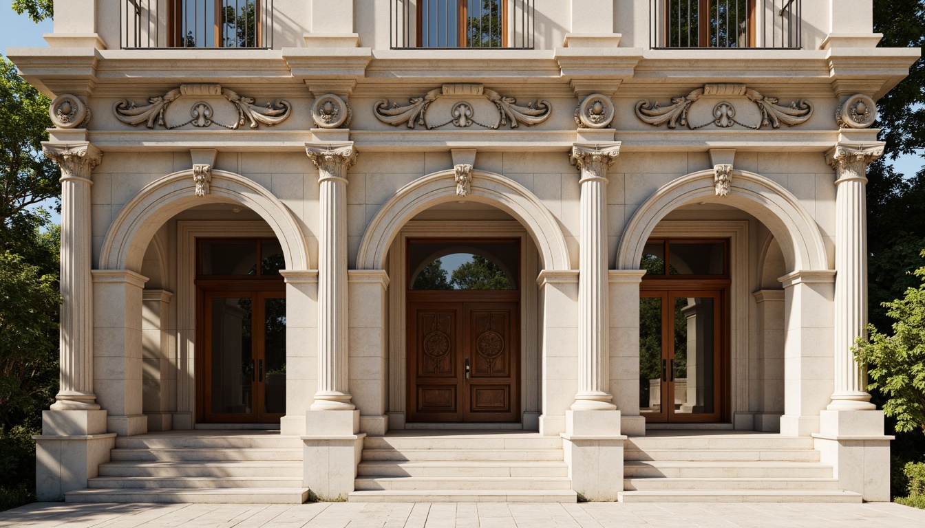 Prompt: Grandiose building facade, ornate columns, intricately carved details, symmetrical composition, classical proportions, limestone or marble materials, subtle color palette, soft natural light, warm afternoon ambiance, shallow depth of field, 2/3 composition, realistic textures, ambient occlusion, ornamental balustrades, decorative friezes, sculpted pediments, grand entranceways, sweeping staircases, elegant archways, refined moldings, luxurious ornamentation.