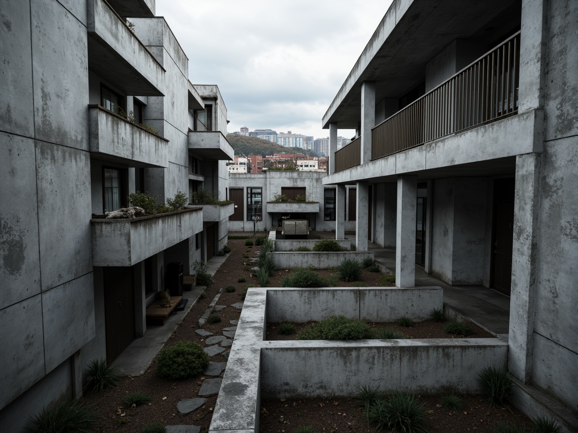 Prompt: Exposed concrete walls, rugged textures, industrial pipes, raw steel beams, minimalist balconies, brutalist architecture, urban cityscape, gloomy overcast sky, dramatic shadows, high-contrast lighting, bold geometric forms, functional simplicity, distressed finishes, poured-in-place concrete, cold monochromatic color palette, 1/1 composition, low-angle shot, cinematic atmosphere, gritty realistic textures.