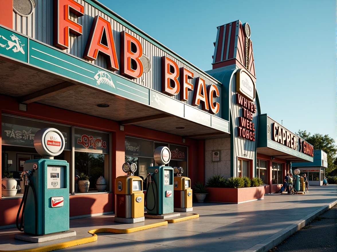 Prompt: Retro gas station, Art Deco signage, neon lights, bold typography, geometric patterns, metallic accents, vintage fuel pumps, curved lines, ornate details, bright colors, sunny day, shallow depth of field, 1/1 composition, realistic textures, ambient occlusion.